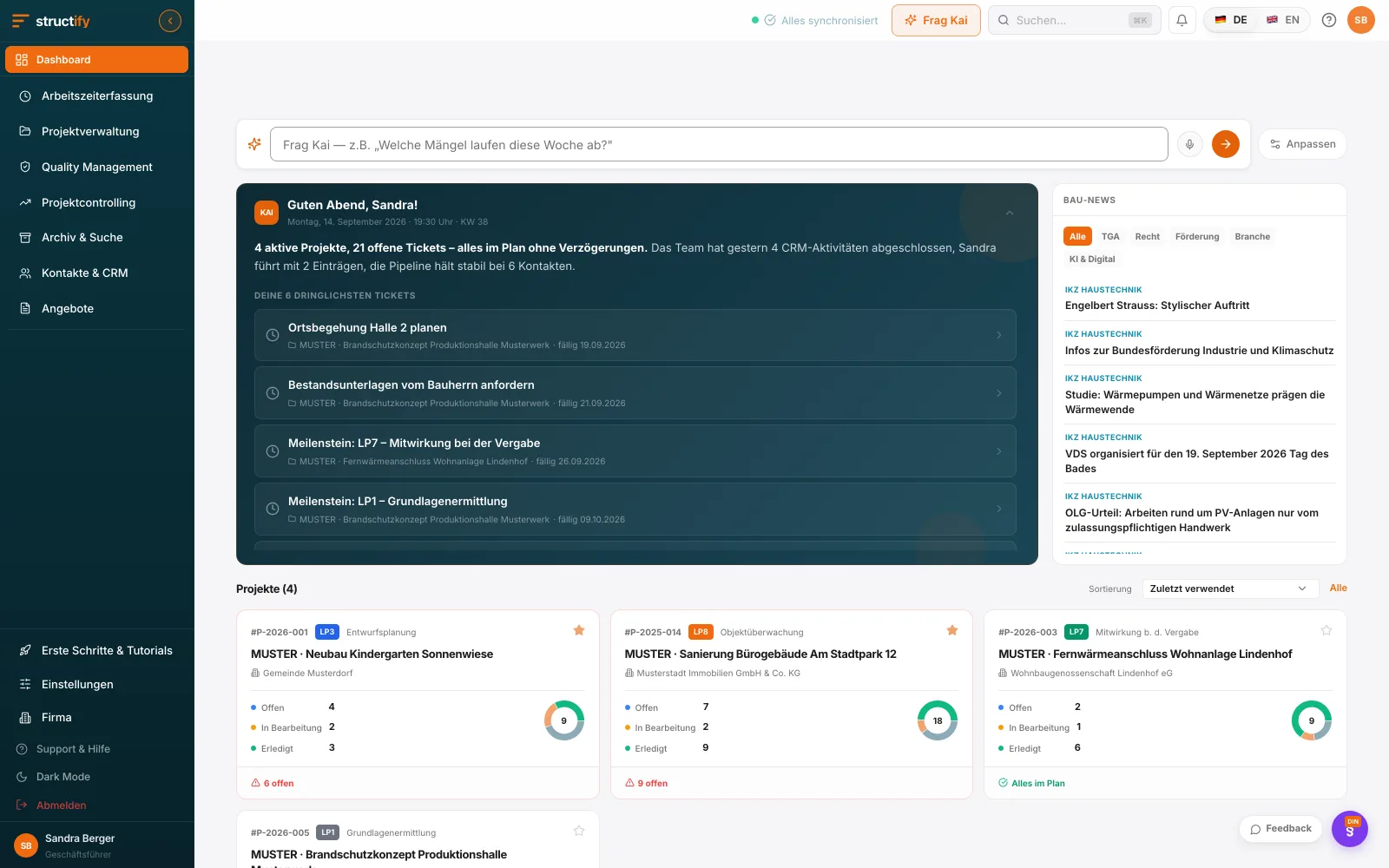 Structify Desktop: Project cockpit: The whole project at a glance