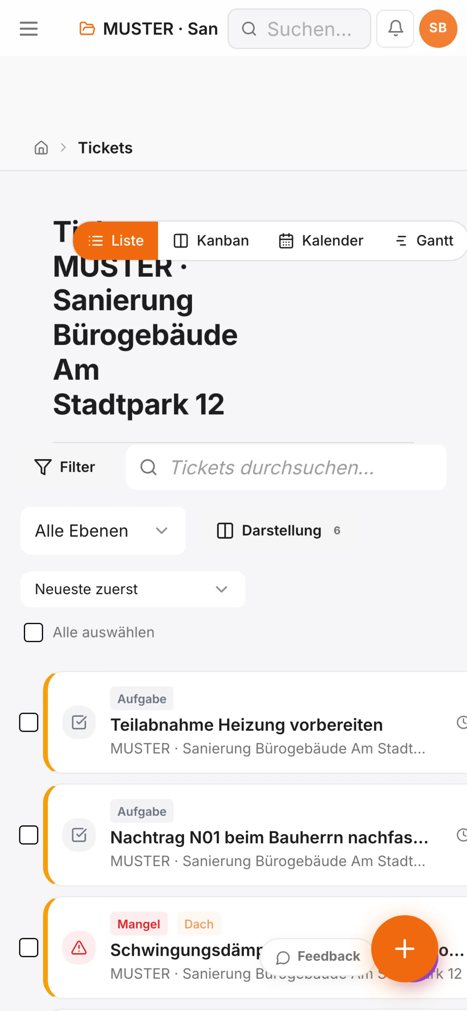 Bildschirmfoto der Structify-App: Ticketliste eines Muster-Projekts auf dem Smartphone