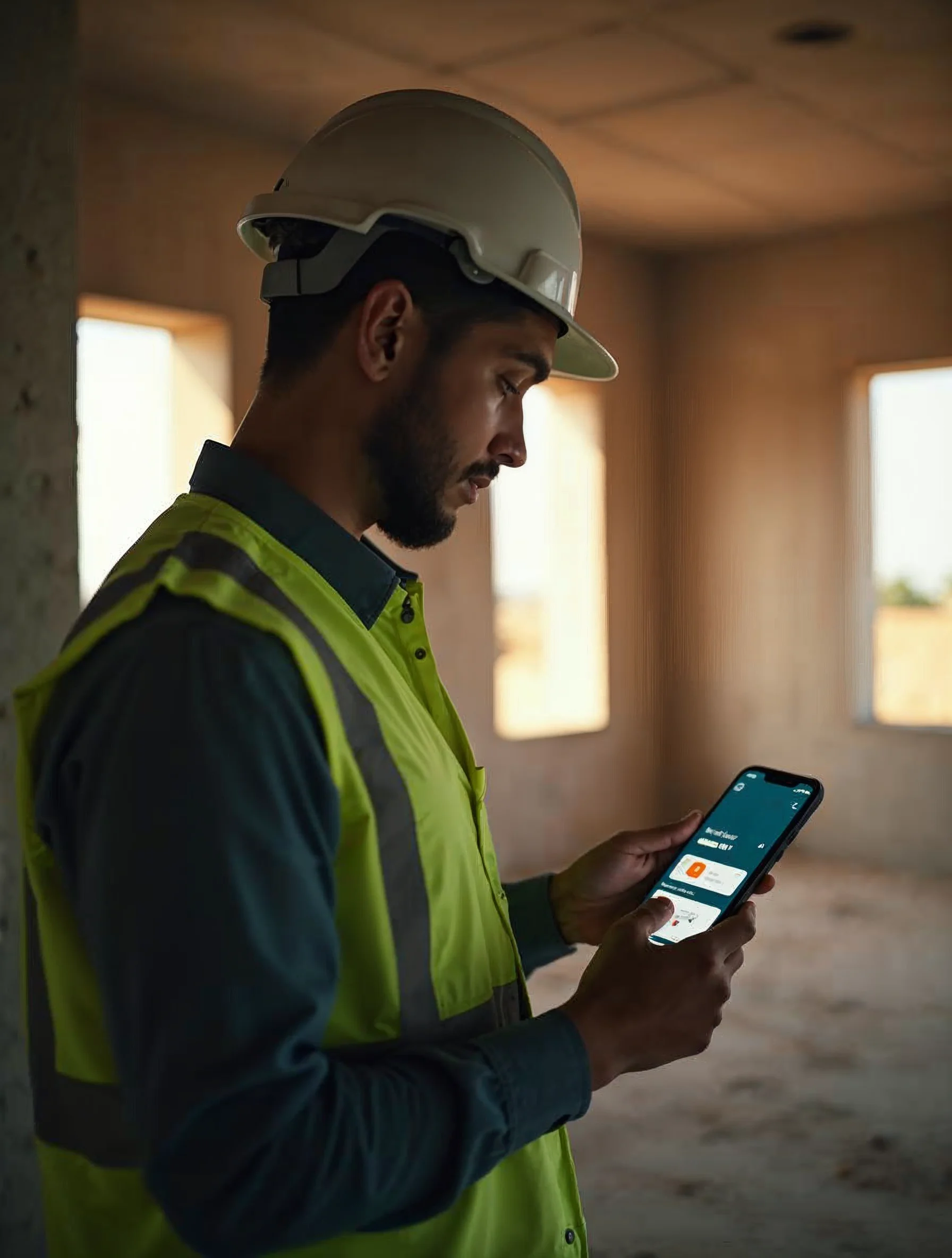 KI-erzeugtes Bild: Hände mit einem robusten Tablet auf einer Baustelle