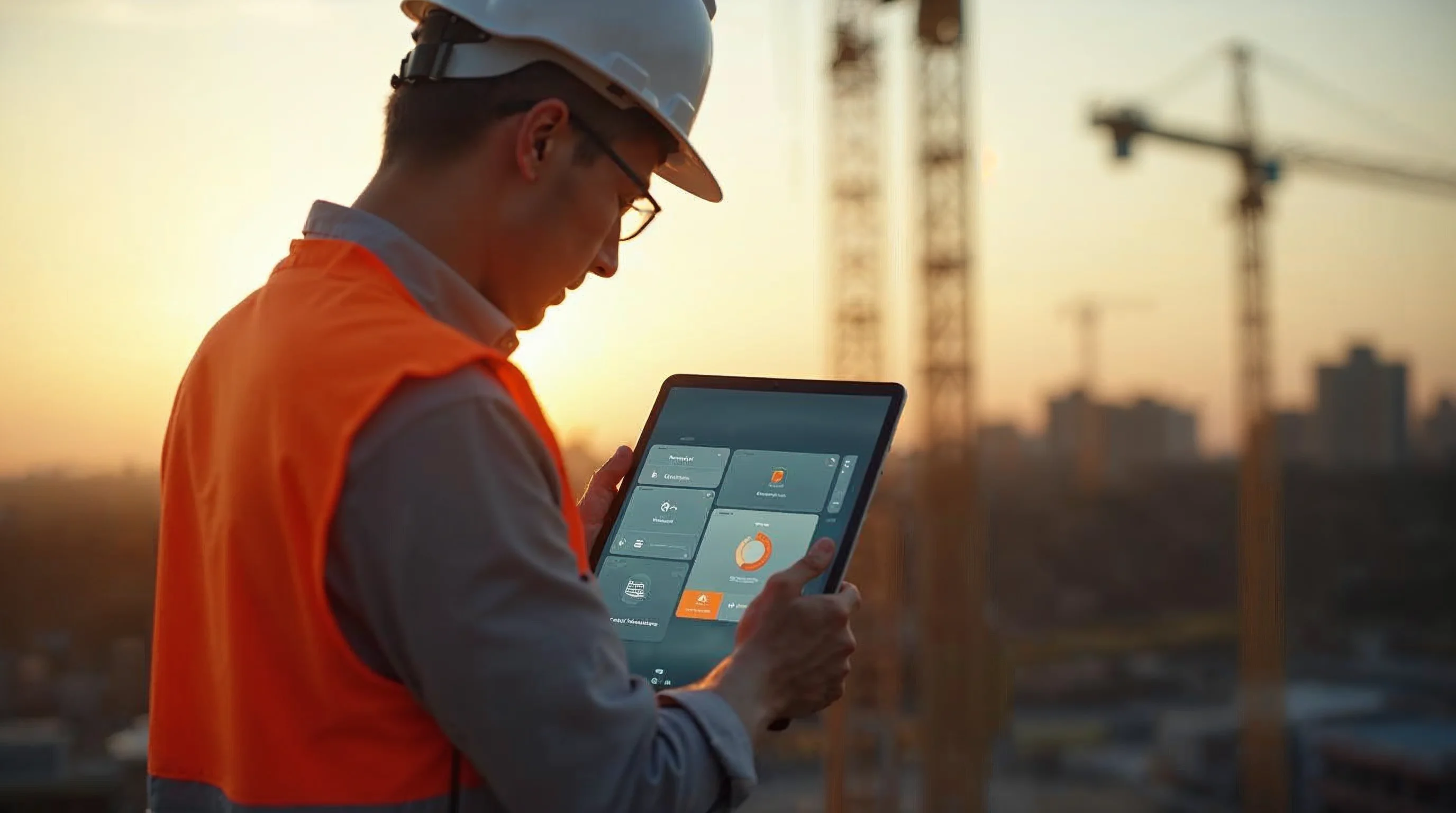AI-generated image: a civil engineer on a construction site holding a tablet that shows a 3D scan of the building, in evening light