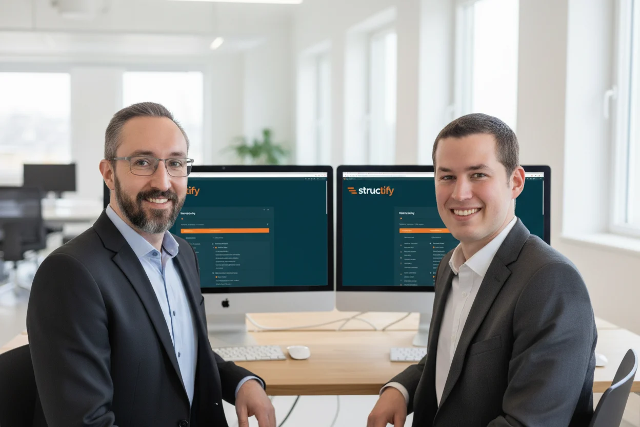 AI-generated image: the Structify founders Tim Rosen and Felix König at a desk with the Structify software