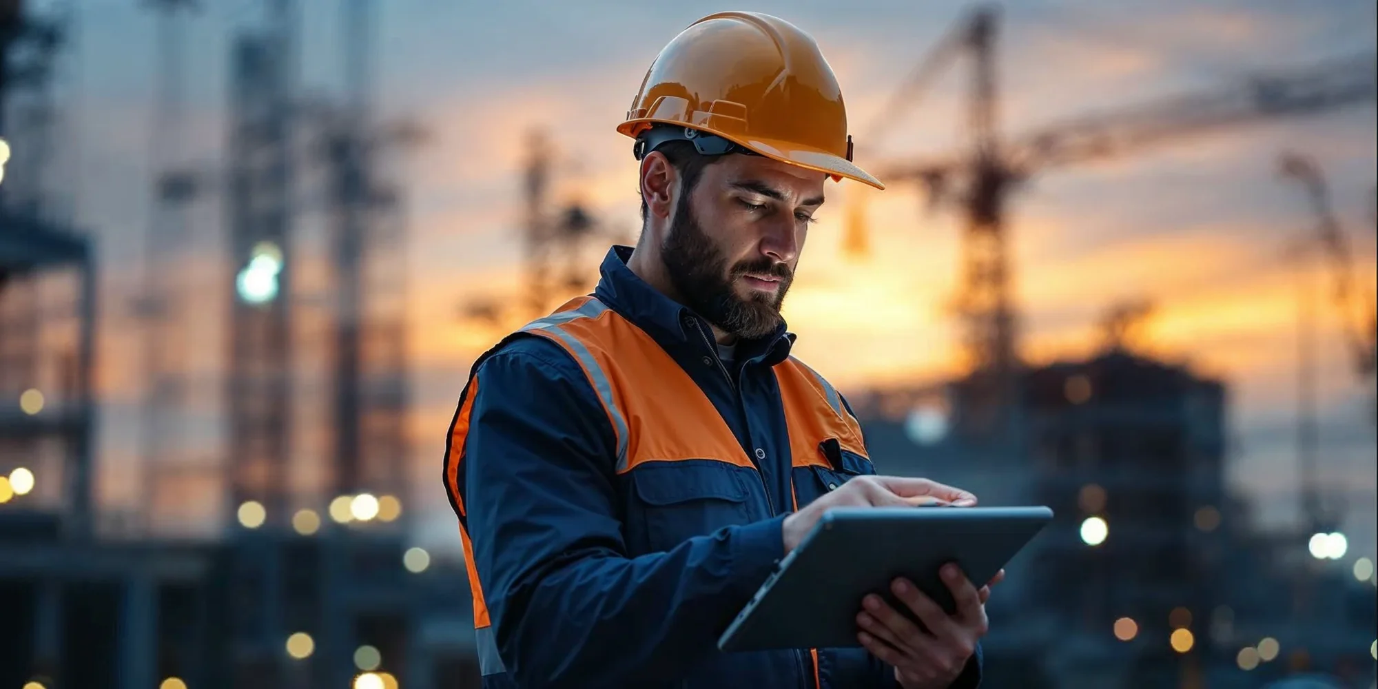 KI-erzeugtes Bild: Bauingenieur mit Helm und Tablet, Kräne im Abendlicht