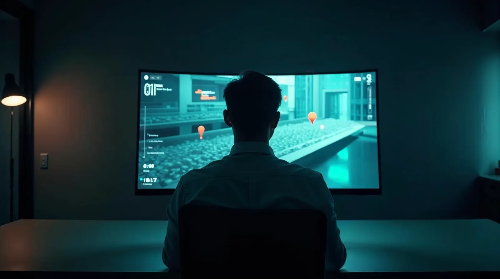 KI-erzeugtes Bild: Planer vor einem großen Monitor mit begehbarem 3D-Modell eines Gebäudes