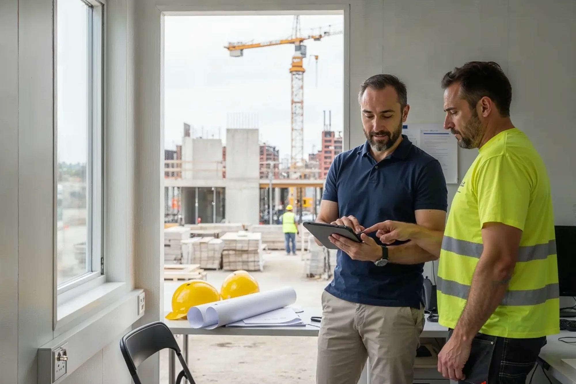 KI-erzeugtes Bild: Planer mit Tablet und Bauleiter im Baucontainer, Kräne vor dem Fenster