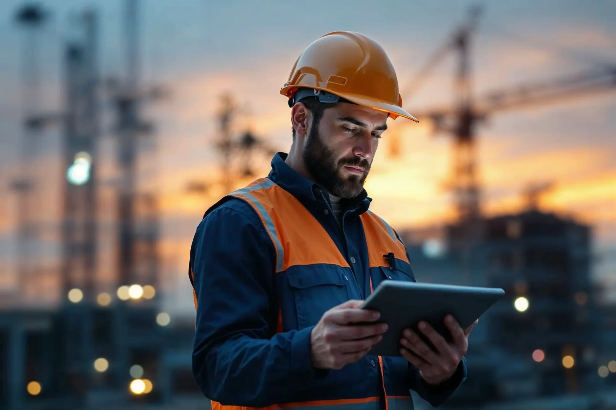 KI-erzeugtes Bild: Ingenieur mit Schutzhelm und Tablet auf der Baustelle im Gegenlicht